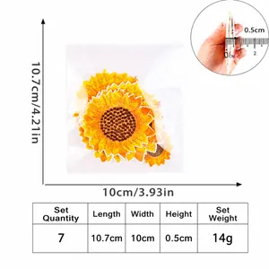 Set of 7 yellow sunflower embroidery patches with size measurements and thickness detail