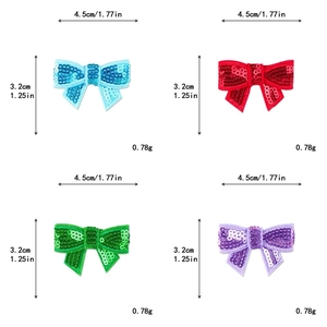 Detailed view of sequined bow patches in four colors with precise size measurements