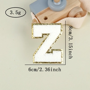 Detailed view of chenille letter Z patch with gold sequins and 8cm size dimensions