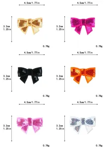 Size chart showing six colorful 4.5cm sequined bow patches for DIY clothing decor
