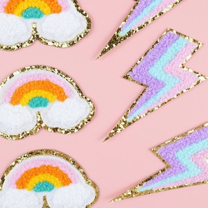 Rainbow and lightning chenille embroidery patch with gold glitter edge for DIY clothes