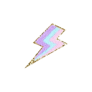 Lightning bolt chenille patch with purple blue pink fluff and gold glitter border