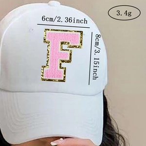 Pink chenille letter F patch with gold glitter on white baseball cap, size 6x8cm