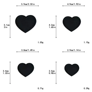 Size chart showing four different dimensions for heart-shaped embroidered patches