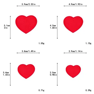 Size chart showing four red embroidered heart patches with precise dimensions and weights