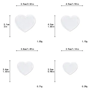 Size chart for heart embroidered patches in four dimensions with width and weight details