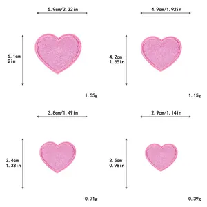 Size chart showing four different dimensions of pink heart embroidered clothing patches