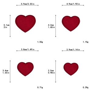 Size chart showing four heart embroidery patch dimensions and weights for DIY crafts