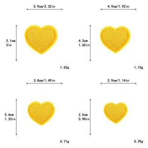 Detailed size chart for heart embroidery patches in four different dimensions and weights