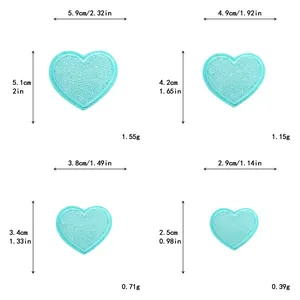 Detailed size chart for heart-shaped embroidery patches in four different dimensions