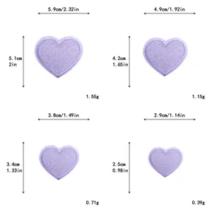 Size chart for heart embroidery patches showing four dimensions in inches and centimeters