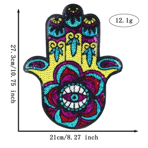Detail view of large Hamsa hand sequin patch with dimensions 27.3cm x 21cm for DIY decor
