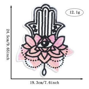 Hamsa Hand and Evil Eye sequin patch for DIY clothing decor, size 24.5cm x 19.3cm