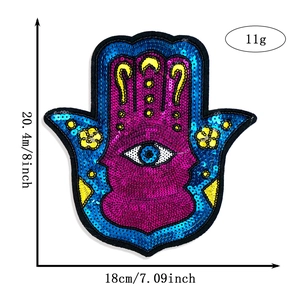 Detailed size view of Hamsa Hand sequin embroidery patch with dimensions in cm and inches