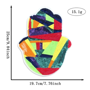 Detail view of large Hamsa hand sequin patch with 25x19.7cm size and 15.1g weight