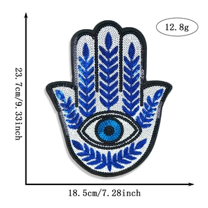 Sequin Hamsa Hand patch with Evil Eye embroidery, blue and silver DIY clothing applique