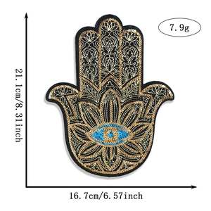 Detail showing dimensions of Hamsa hand sequins patch with blue evil eye embroidery
