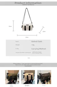 Size chart showing Oxford cloth messenger bag dimensions 23x15x10cm in green and black
