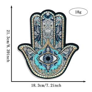 Detail view of Hamsa Hand sequin embroidery patch with dimensions 21.3cm by 18.3cm