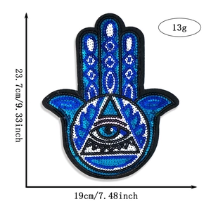 Hamsa Hand and Evil Eye sequin embroidery patch dimensions 23.7cm by 19cm for DIY decor
