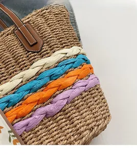 Dettaglio della borsa in paglia intrecciata con strisce colorate e manico in pelle