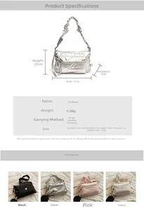 Detailed chart showing size specs and four color options for the nylon bucket bag