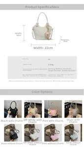 Size guide for PU leather handbag showing 22x18x10cm dimensions and strap length detail