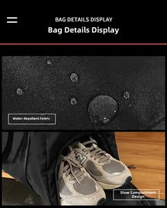 Détail du sac de sport étanche montrant le tissu hydrophobe et le compartiment à chaussures
