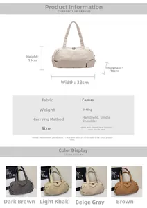 Detailed size and color chart for the large canvas travel bag with dimensions and specs