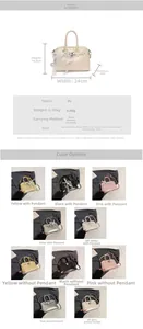Detailed spec sheet of PU shoulder bag featuring lace pearl bow and size measurements