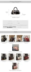 Vue détaillée du sac à main en cuir PU avec dimensions et options de couleurs variées