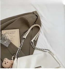 Detailed shot of white PU leather tote bag with silver chain strap and plush bear charm