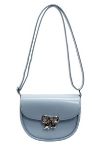 Light blue saddle crossbody bag with silver bow accent and adjustable shoulder strap