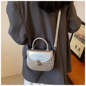 Close-up of silver metallic saddle bag with textured finish and metal hardware