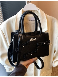 Women Sweet Bowknot PU Leather Handbag Small Square Crossbody Bag With Artificial Pearl Decor Elegant Commuter Tote Purse