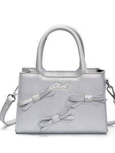 Fashionable grey bow handbag with pearl accents and detachable metal strap for women