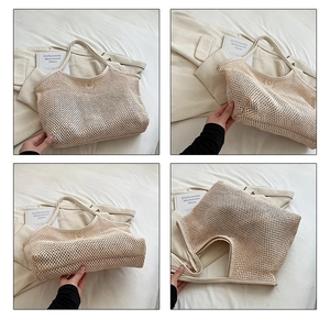 Detail view of beige mesh woven tote bag showing magnetic closure and faux leather trim