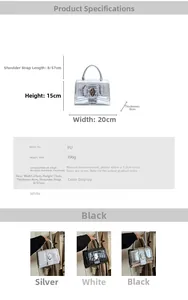 Size chart for crocodile pattern PU handbag with specific dimensions and color options