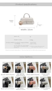 Size chart showing PU leather handbag dimensions 22x11x8cm with various color options