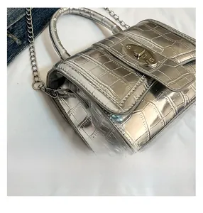 Close-up of crocodile pattern silver handbag with oval metal lock and chain strap