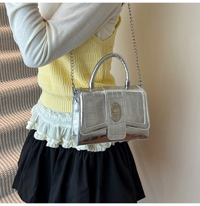 Chic silver stone pattern mini square bag featuring metallic finish and chain strap