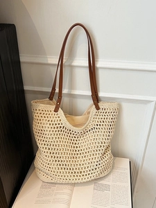 Bolsa Tote de Algodón Tejido de Gran Capacidad Bolso de Hombro de Paja de Malla Calada para Mujer Bolso de Mano de Playa de Verano Viaje
