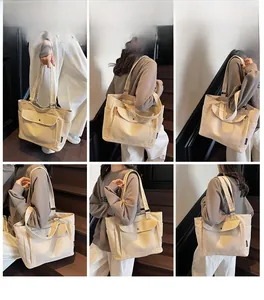 Detailed views of a beige canvas tote bag with multiple pockets for daily commuting