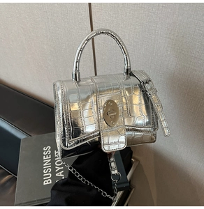 Detail of silver crocodile-patterned crossbody bag with metal chain and top handle
