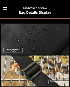 Waterproof nylon fabric surface with water drops and adjustable shoulder strap buckle detail