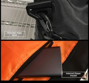Detail view of durable black nylon bag with orange lining and secure inner zipper pocket