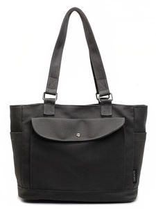 Minimalist charcoal grey canvas tote bag with front pocket and double shoulder straps