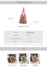 Detail view of knitted tote bag showing texture, size specs, and color options