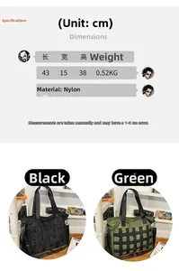 Size guide for nylon tote bag showing dimensions 43x15x38cm and lightweight material info