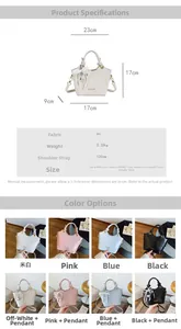 Detaillierte Grafik mit Beuteltaschen-Maßen und vier Farben mit passenden Accessoires